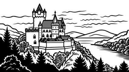 Naklejka premium Very beautiful sunset view of Katz Castle overlooking the romantic Rhine River in Germany, surrounded by summer greenery and warm light, creating a timeless and poetic riverside landscape.