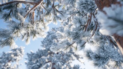 Looking up at snowy pine trees in winter forest