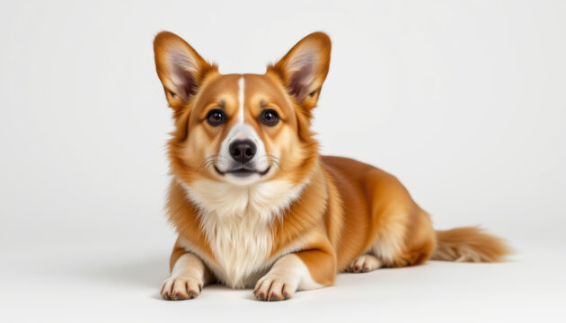 Welsh corgi dog lying down with alert expression on white background, showing fluffy fur and attentive ears