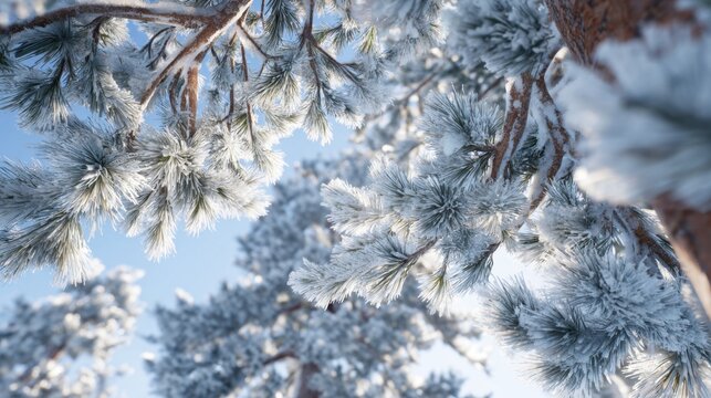 Looking up at snowy pine trees in winter forest - Powered by Adobe