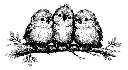 Obraz premium Hand drawn line art illustration of three cute birds perched on a branch for nature and spring designs