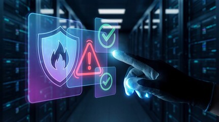 Cybersecurity concept with shield and warning signs in server room