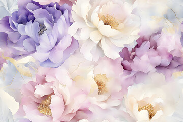 Seamless Pattern with Soft Pink and Purple Peony Flowers in Watercolor Style