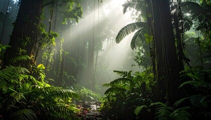 Lush tropical rainforest scene with sunlight beaming through green canopy
