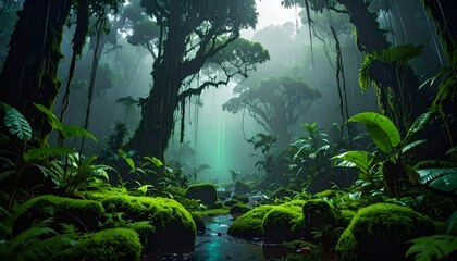 Lush tropical rainforest scene with sunlight streaming through trees