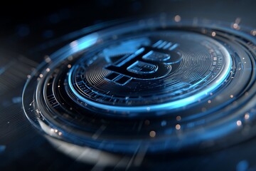 Futuristic Digital Bitcoin Cryptocurrency Coin On Abstract Blue High Tech Circuit Board Background Representing Blockchain Financial Technology