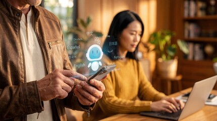 Man using smartphone with AI translation app, showing multiple languages and chatbot, while woman works on laptop in background Concept of global communication and technology