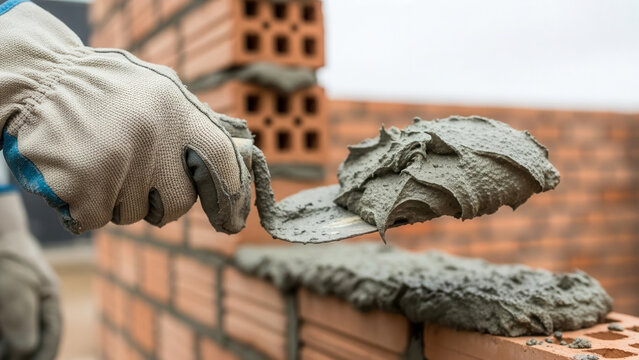 Builder hand holding trowel with mortar during bricklaying work on construction site, masonry craftsmanship and building process