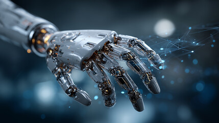 Futuristic robotic hand interacting with digital network symbolizing artificial intelligence and innovation