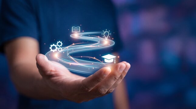 Person holding glowing education icons in hand with swirling light trails