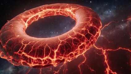 Vibrant Red Cracked Torus Glowing with Intense Energy in Cosmic Space.