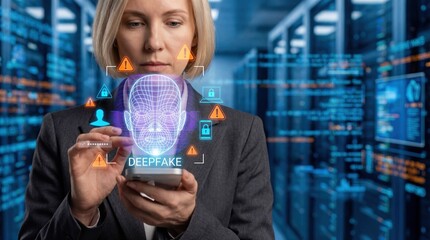 Woman in dark suit analyzing deepfake technology on smartphone with digital face scan and security icons in server room