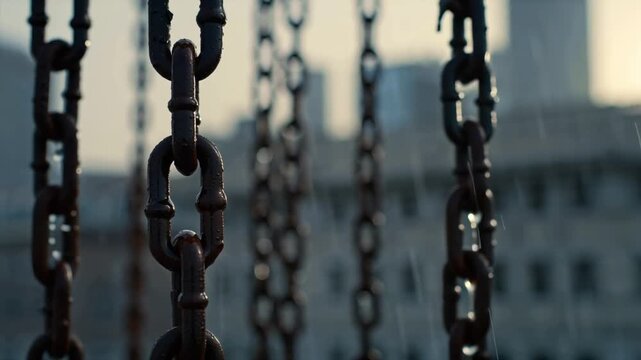 Extreme close-up of old, heavy metal chains hanging, rain falling urban cityscape blurred background, soft sun rays breaking clouds, glistening water droplets, cinematic shallow depth of field, rust