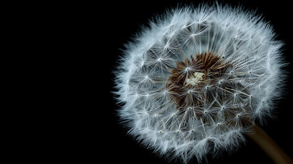 Fototapeta premium Minimal Black and White Close-Up of Dandelion Seed Head on Black Background – Delicate Nature and Calm Concept