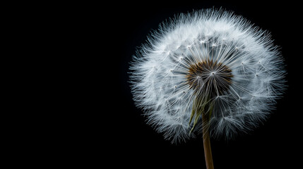 Fototapeta premium Minimal Black and White Close-Up of Dandelion Seed Head on Black Background – Delicate Nature and Calm Concept