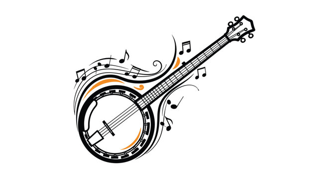 Banjo musical instrument illustration with flowing musical notes and decorative swirls for bluegrass and folk themes for concerts.
