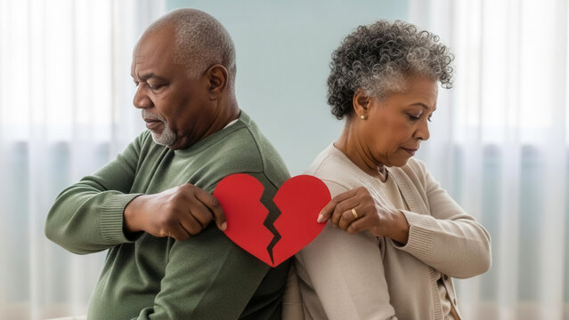 Elderly African-American couple holding torn heart halves facing away in home, relationship separation and mature breakup acceptance