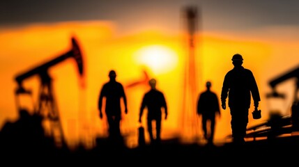 The setting sun glows behind silhouettes of oil workers and rigs. The contrast shows human industry and nature sharing the same horizon.
