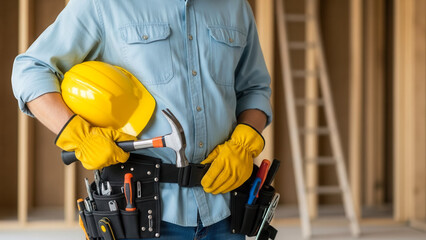 Caucasian male contractor holding construction helmet and hammer in unfinished building, safety gear and problem-solving concentration