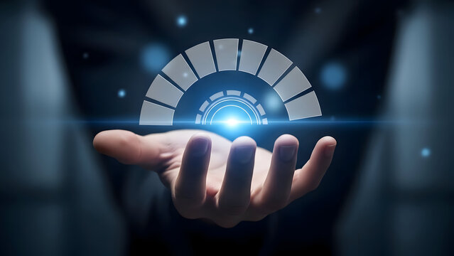 A futuristic hand holding a glowing blue digital semicircle - Powered by Adobe