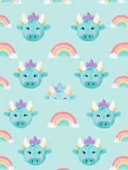 Obraz premium Adorable blue dragon heads with crowns and rainbows, a whimsical seamless pattern for childrens designs and fantasy themes