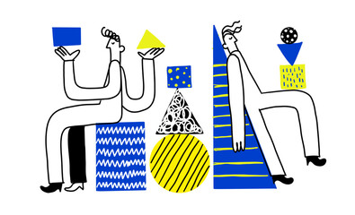 Abstract Teamwork Concept. Naive Characters Balancing Geometric Shapes for Business and Tech Branding