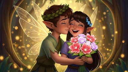 Enchanted Forest Fairies Embrace with Flowers.