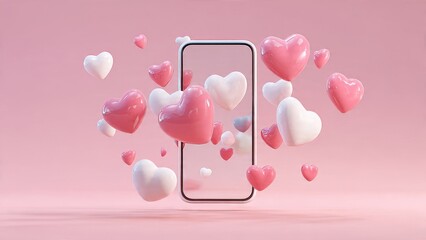 Smartphone mockup with glossy pink and white flying hearts on a pink background. Concept of online dating, social media likes, Valentine's Day, or romantic digital communication.