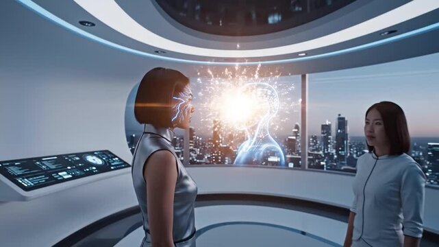 researcher in futuristic environment engages with holographic ai displaying neural