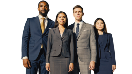 A diverse group of corporate employees engaged in a meeting, an illustration of business team unity. Illustration of a dynamic workforce achieving business success on a transparent background