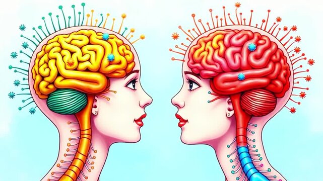 A video showcasing a creative illustration of two human heads with colorful brains, where the colors inside the brains are dynamically moving, and the background colors are also in motion.