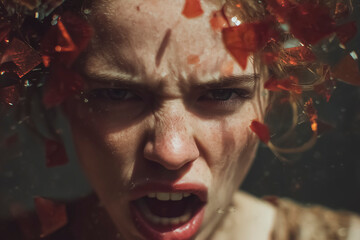 Intense female portrait with shattered glass and angry expression representing rage emotional breakdown stress and psychological crisis