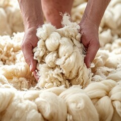 Close up of weathered hands gently holding a soft pile of natural creamy white wool fibers in a sunlit production facility highlighting texture and organic material quality for textile crafting