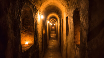 Obraz premium unanimity. A narrow stone corridor with arched niches lit by flickering candles, deep perspective. real-estate listings.