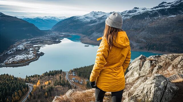 Woman in Yellow Jacket Contemplates Mountain Lake View