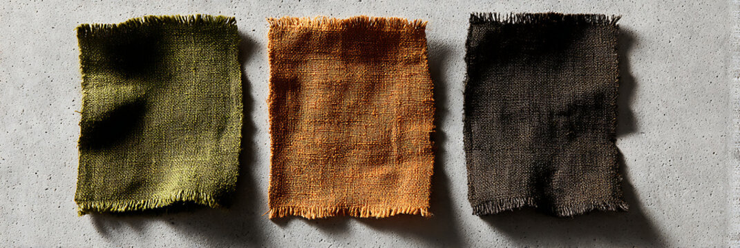 Three textured fabric swatches in olive green, burnt orange and dark brown laid on concrete background, textile color palette sample for interior design and product development