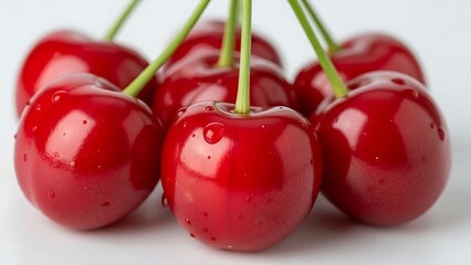 Ripe Red Cherries with Water Droplets Macro Shot