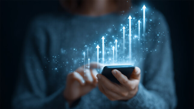 Business growth analytics concept with smartphone app showing rising digital finance graph - Powered by Adobe
