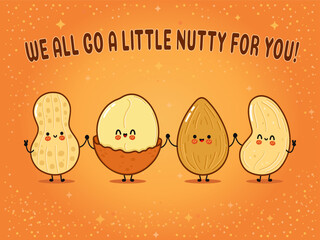 Cute cartoon nuts holding hands showing friendship and affection