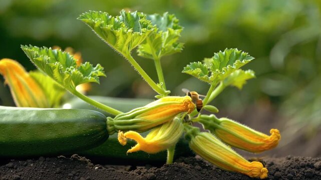 Time-lapse green zucchini plant sprouting growing in rich garden soil, large healthy leaves unfolding, small zucchini fruits developing, early morning sunlight filtering leaves, sparkling dew drops 4k
