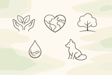 A set of five minimalist linear icons symbolizing nature conservation, ecology, and harmony with the environment. Environmental protection, love of nature, and preservation of ecosystems.