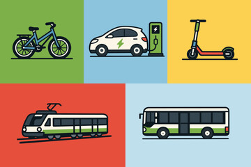 A set of five bright, simple flat design icons on colorful backgrounds representing environmentally friendly and sustainable modes of transport.