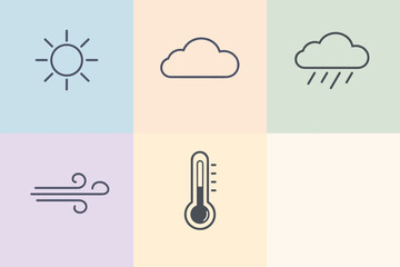 A set of five simple linear weather icons in a minimalist style on pastel-colored backgrounds. The icons represent basic weather phenomena.