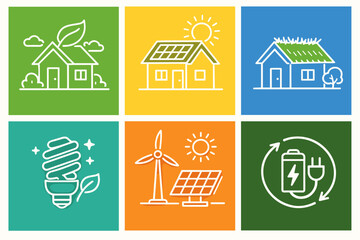 A set of six simple linear icons in flat design style on colored backgrounds, each illustrating aspects of an eco-friendly lifestyle and sustainable development.
