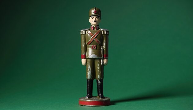A vintage tin toy soldier standing rigidly at attention showing chipped paint and wear