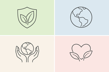 four simple linear icons symbolizing aspects of ecology, sustainable development, and care for the planet and people, executed in a unified minimalist linear style 