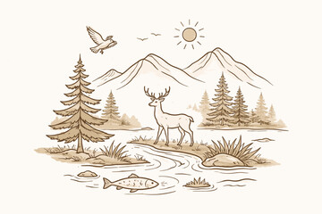 A minimalist illustration of a natural forest landscape in a linear drawing style with a light sepia (beige) tone.