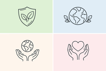 four simple linear icons symbolizing aspects of ecology, sustainable development, and care for the planet and people, executed in a unified minimalist linear style 