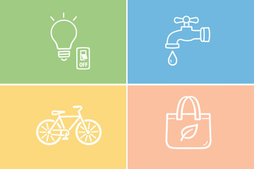 A set of four icons in square colored blocks illustrating an eco-friendly lifestyle and the principles of sustainable development, executed in a uniform minimalist linear style with white outlines.