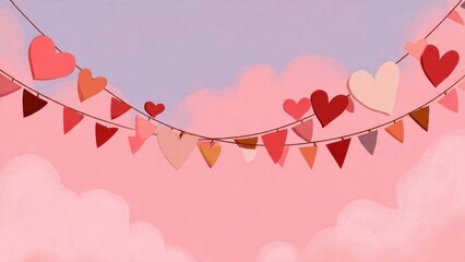 Romantic heart and pennant garland illustration hanging against a textured background of pink clouds and purple sky Valentines Day party or wedding banner background
